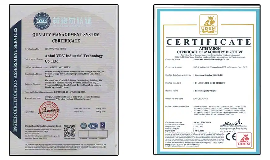 CE and ISO certification of VRV a professional vibrating feeder manufacturer