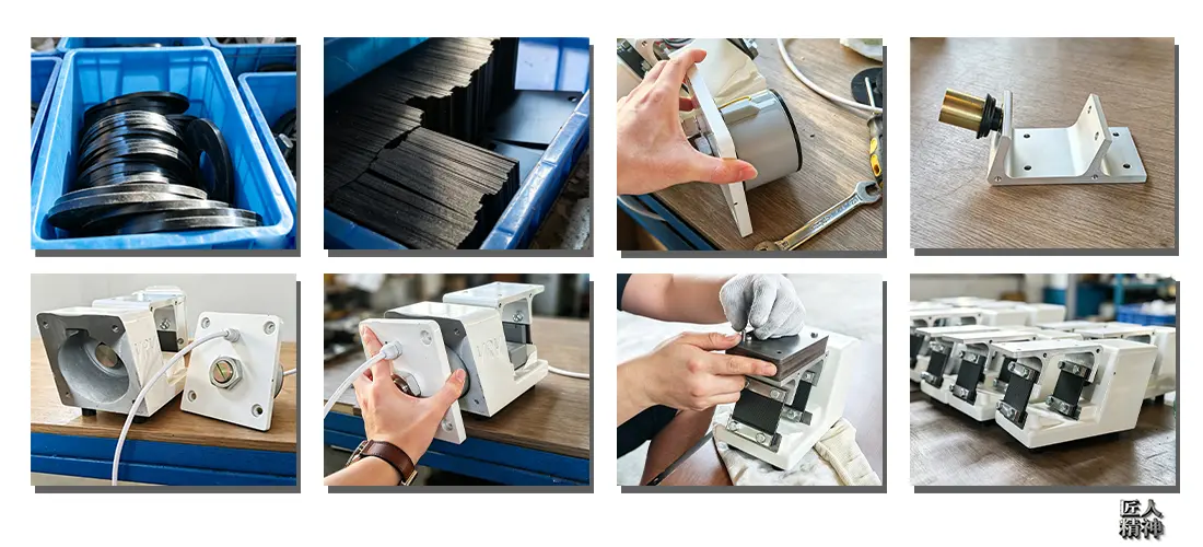 Small vibrating feeder manufacturing process collage, raw rubber gaskets, carbon plates, aluminum brackets, vibrator assembly, workshop component production and manual assembly, industrial vibratory feeder spare parts fabrication