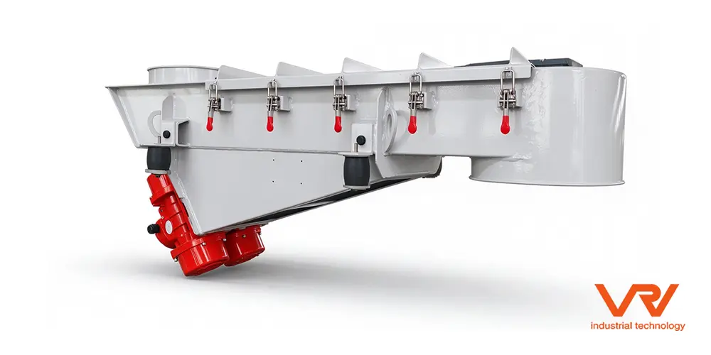 Enclosed vibratory feeder with dust cover and vibration motors; VRV motor-driven vibrating feeder for bulk solids feeding.