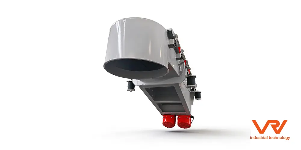 Suspended motor-driven vibrating feeder on rubber isolation springs, enclosed trough with round inlet; VRV vibratory feeder for bulk solids. Suspended motor-driven vibrating feeder on rubber isolation springs, enclosed trough with round inlet; VRV vibratory feeder for bulk solids.