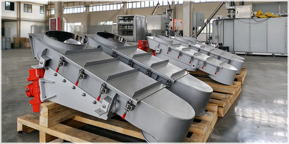 Vibrating feeder manufacturer workshop: multiple enclosed motor-driven vibratory feeders awaiting delivery, vibration motors and quick-release clamps, VRV.